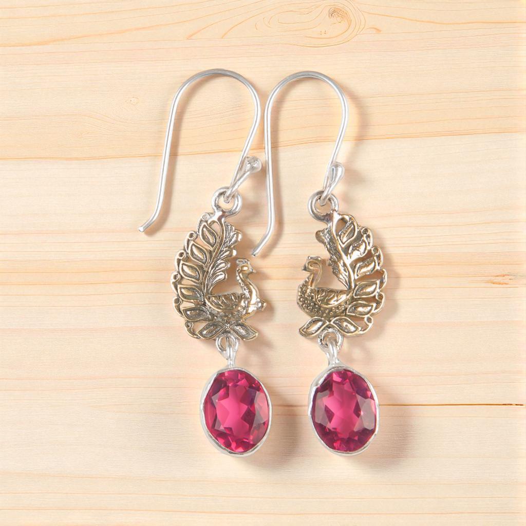 Pink Tourmaline Gemstone 925 Sterling Silver Jewelry Handmade Hook Earrings 1.8" EE-88-18