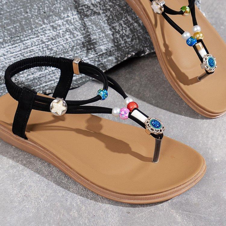 Large size flat bohemian style sandals summer beaded hollow beach going out women's shoes