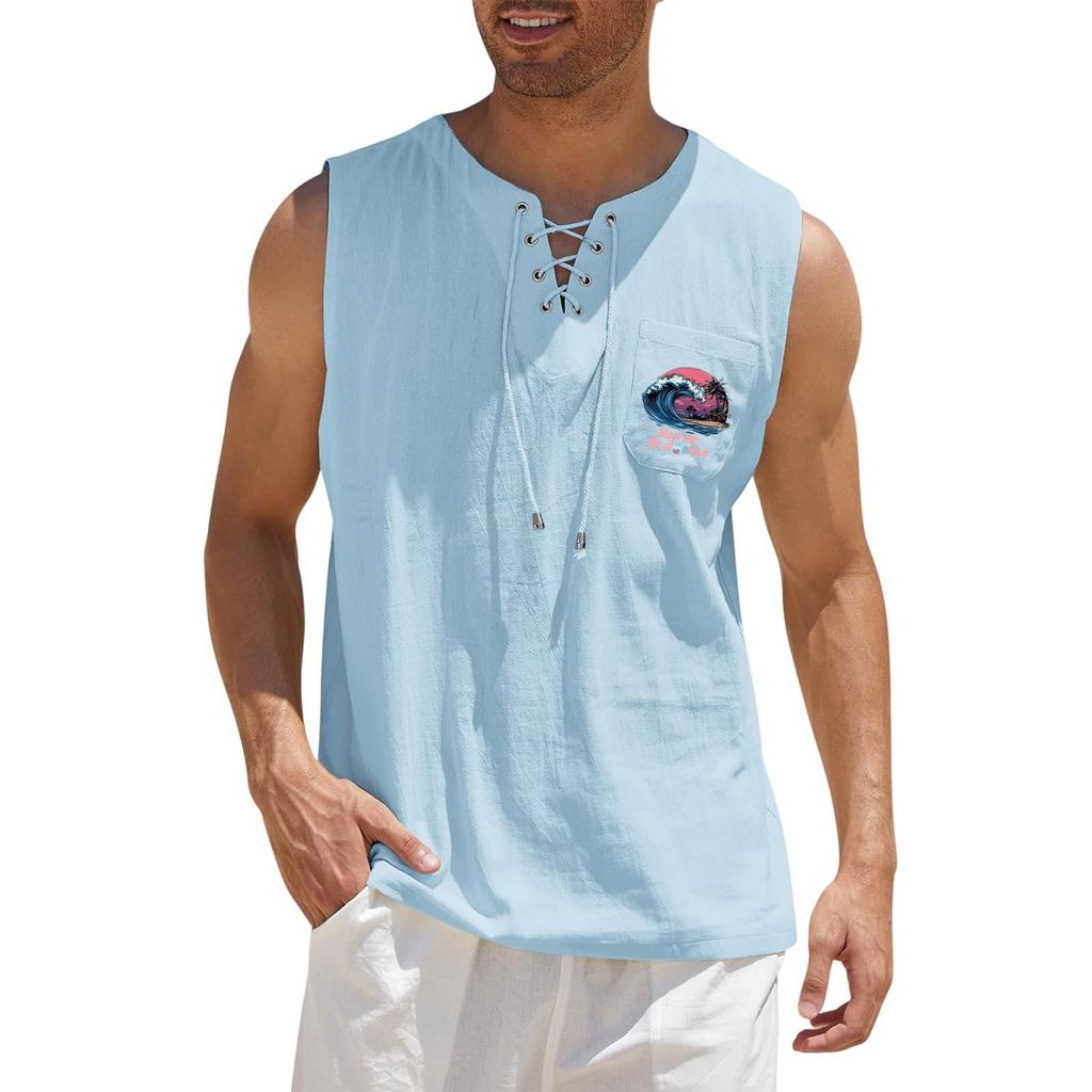 Men's Hawaiian Print Tank Top, Loose Fit Sleeveless Shirt with Adjustable Tie, Casual Beach Summer Top
