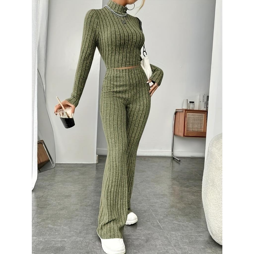 Women's High Neck Long Sleeve Loose Fit Two Piece Set Sweatshirt And Long Pants
