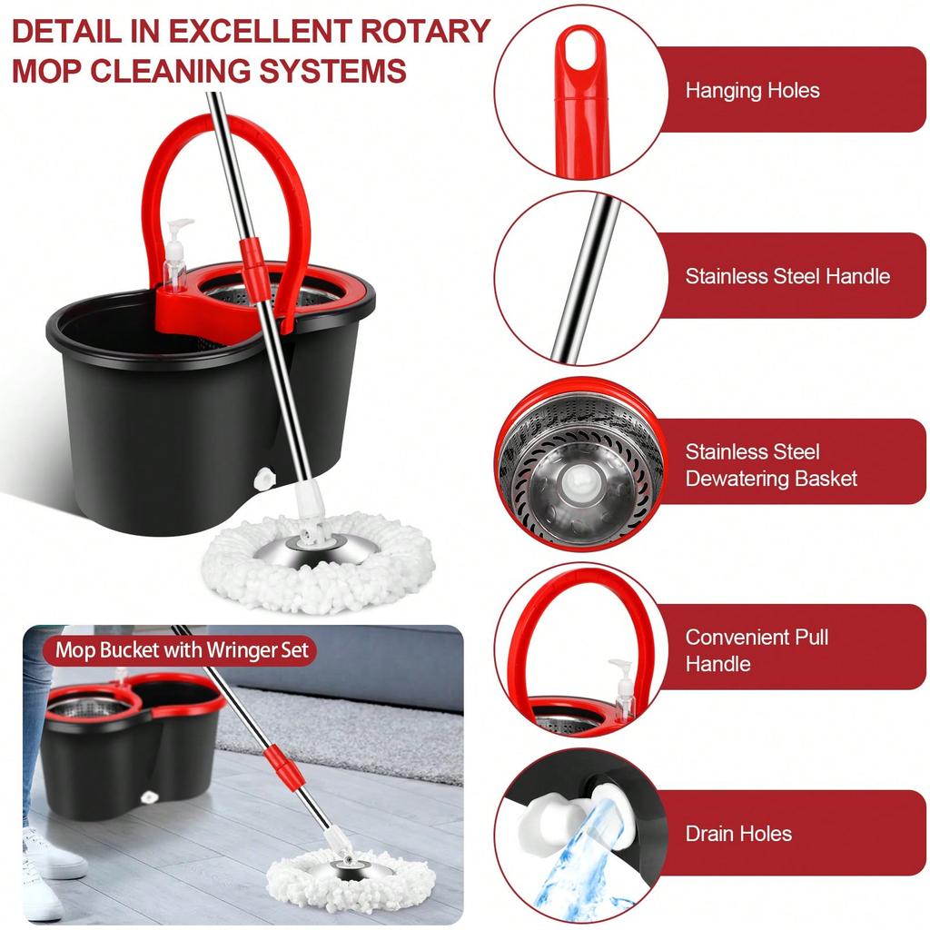 Spin Mop And Bucket With Wringer Set With 3 Microfiber Mop Replacement Heads And 61" Stainless Steel Adjustable Handle For Floor