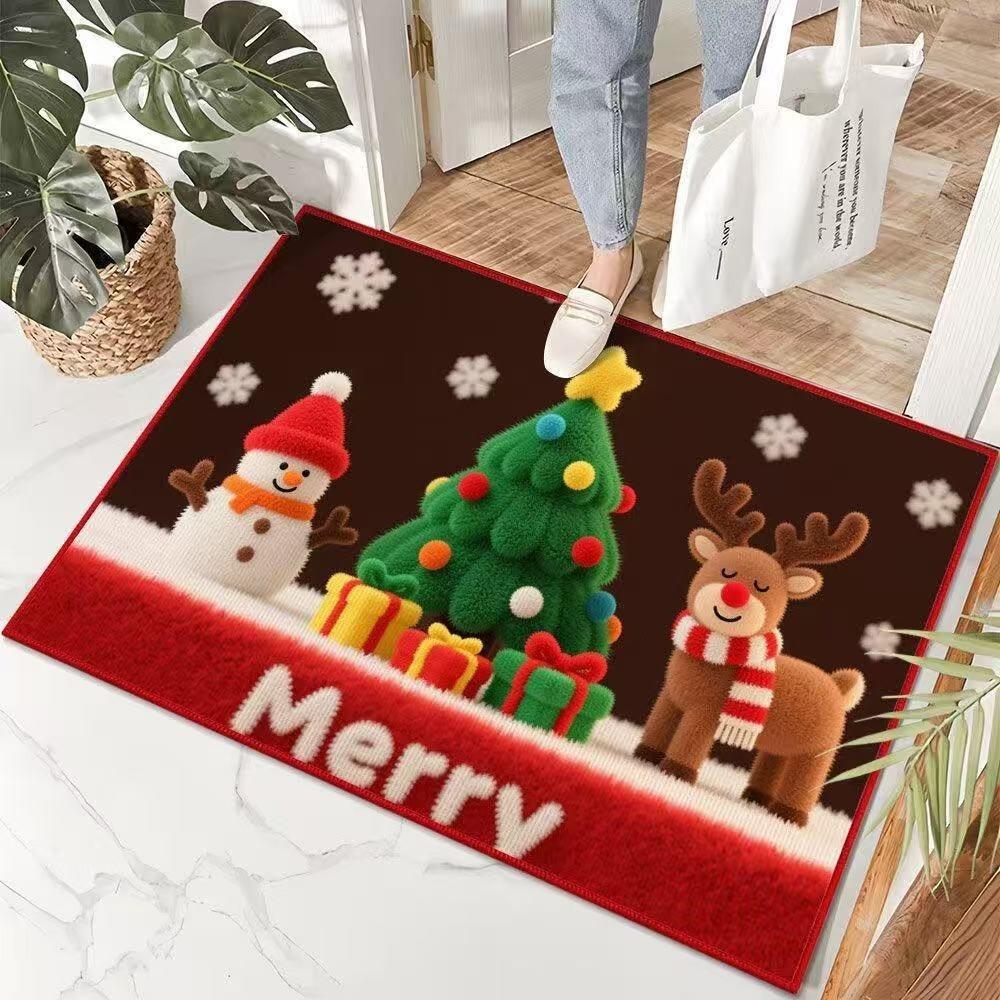 Visual Velvet Christmas Door Mat with Santa Snowman Elk Patterns Floor Mat for Home Entrance Decor Adding Festive Charm