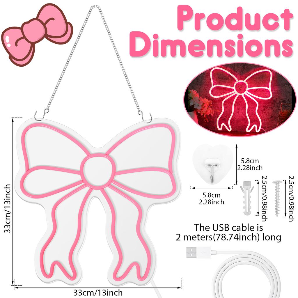 Bow Neon Sign Decor Light Board Wall Hanging Light Advertisement with Dimmable Switch Neon Light Sign for Girl Room OR Store