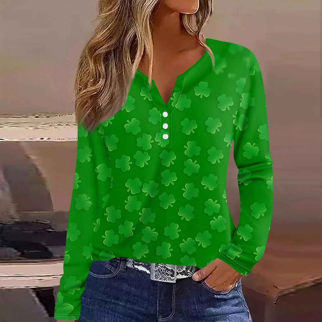 Women's Fashion Casual Printed V-neck Long Sleeve Button Up T-shirt Top