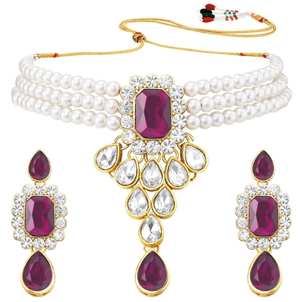Gold Plated Crystal Kundan Necklace with Drop Earrings Jewellery Set for Girls & Women