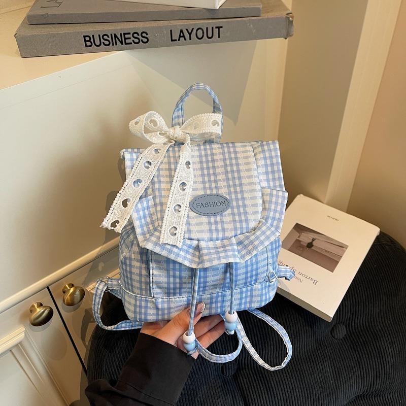 New Sweet and Cute Lace Plaid Backpack Women's Fluffy Ruffle Edge Backpack Girl Heart Mini Schoolbag