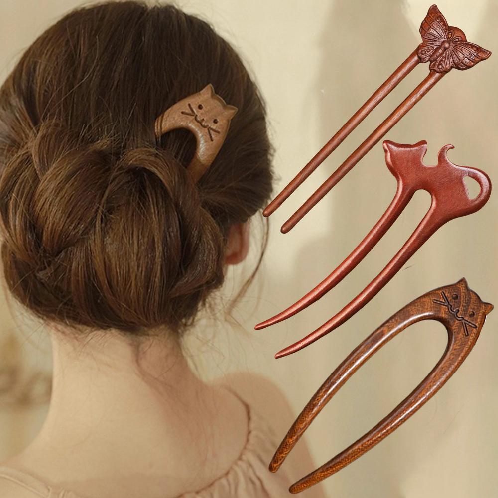 Wood Wooden Hair Stick U-Shaped Hair Fork Cat Butterfly Chinese Style Fashion Hairpin Buns Rabbit Headwear Girl Hair Accessories