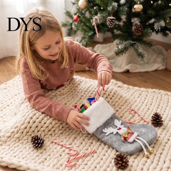 Kids Candy Gift Holders Plush Christmas Stocking Pendant with Santa Claus/Snowman/Elk Designs, Fabric Hanging Winter Holiday Party Scene Props