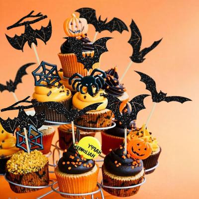 12/24Pcs Halloween Bat Cupcake Topper Black Glitter Bat Cupcake Picks for Kids Halloween Birthday Party Cake Decoration Supplies