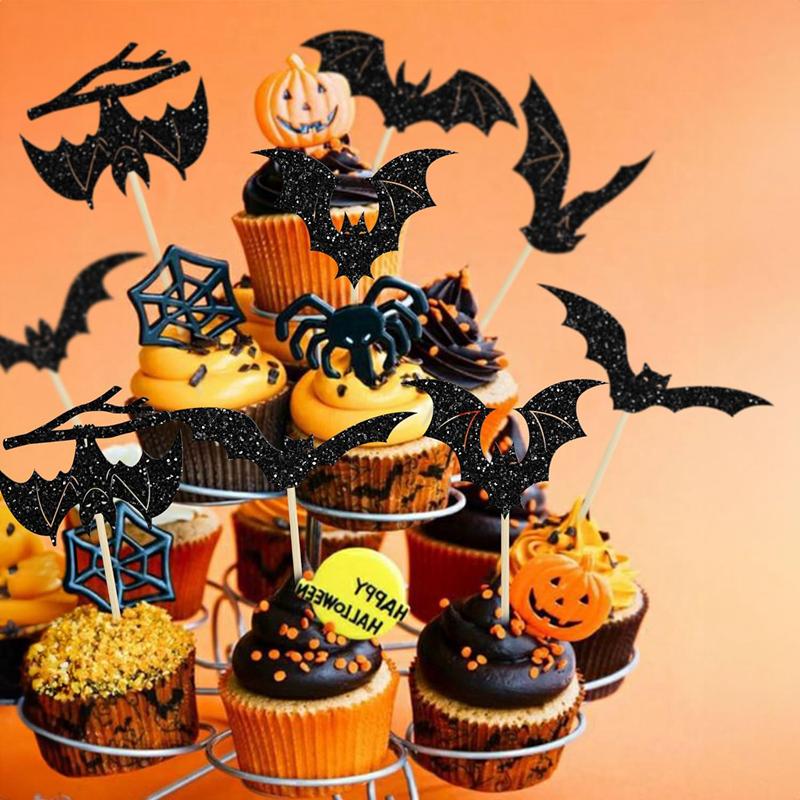 12/24Pcs Halloween Bat Cupcake Topper Black Glitter Bat Cupcake Picks for Kids Halloween Birthday Party Cake Decoration Supplies