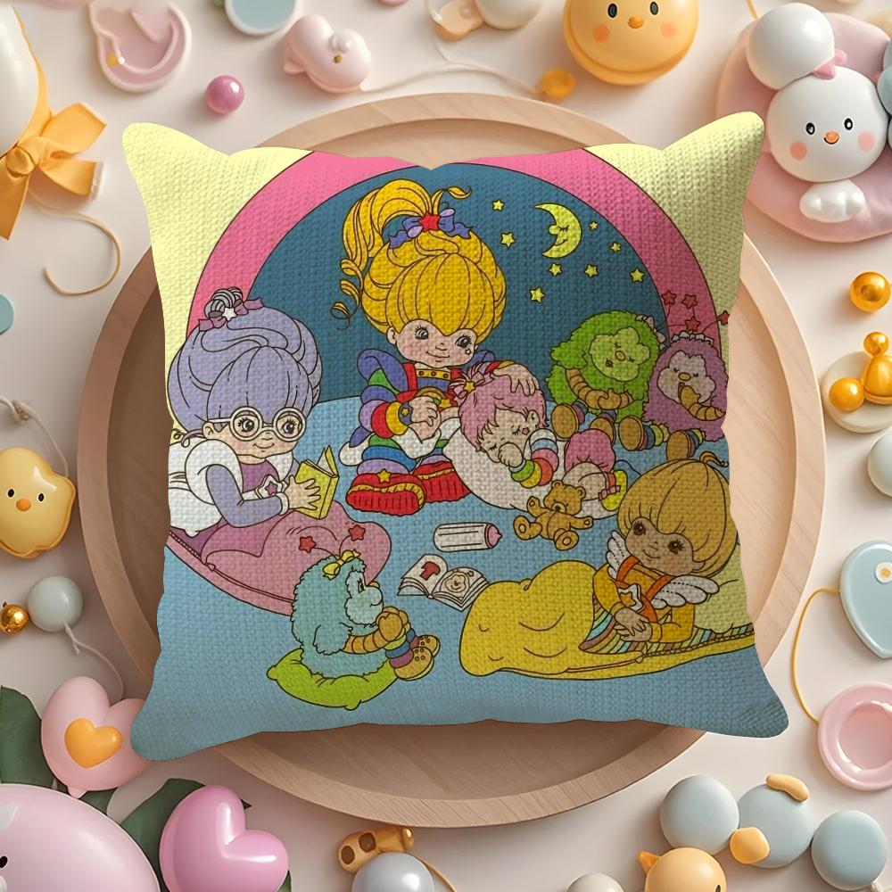 R-Rainbows Cute Brite Cushion Cover Linen Organic Fabric Double-Sided Printing Breathable Pillow Case Sofa Home Decor Gift