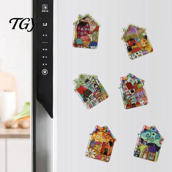 Lockers Decorative Magnets Vintage House Refrigerator Magnet, Colorful Fairy Tale Town Cottage Pattern Fridge Magnetic Kitchen Decoration Accessories