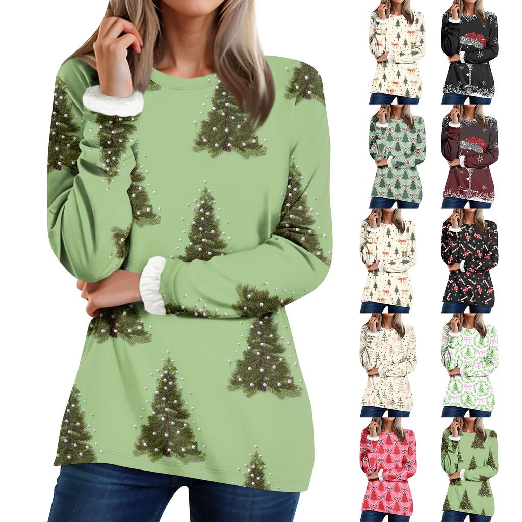 Women's Round Neck Top Printing Thickened Plush Cashmere Warm Long Top