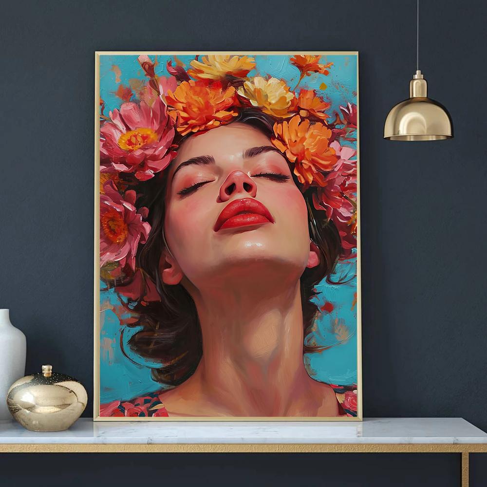 Retro Gorgeous Girl and Flower Portrait Art Poster Canvas Print Wall Painting Living Room Bedroom Home Decoration Aesthetics