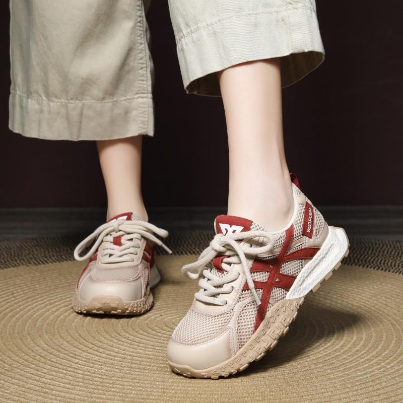 Johnature Zapatos casuales deportivos para mujer Malla transpirable con empalme de cuero genuino con cordones Zapatillas cómodas