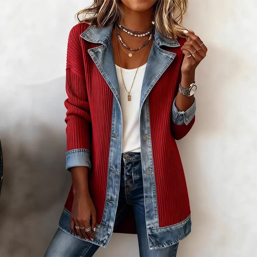 Women's Point Collar Long Sleeve Color Block Jacket Loose Fit Streetwear Denim Patchwork Blazer