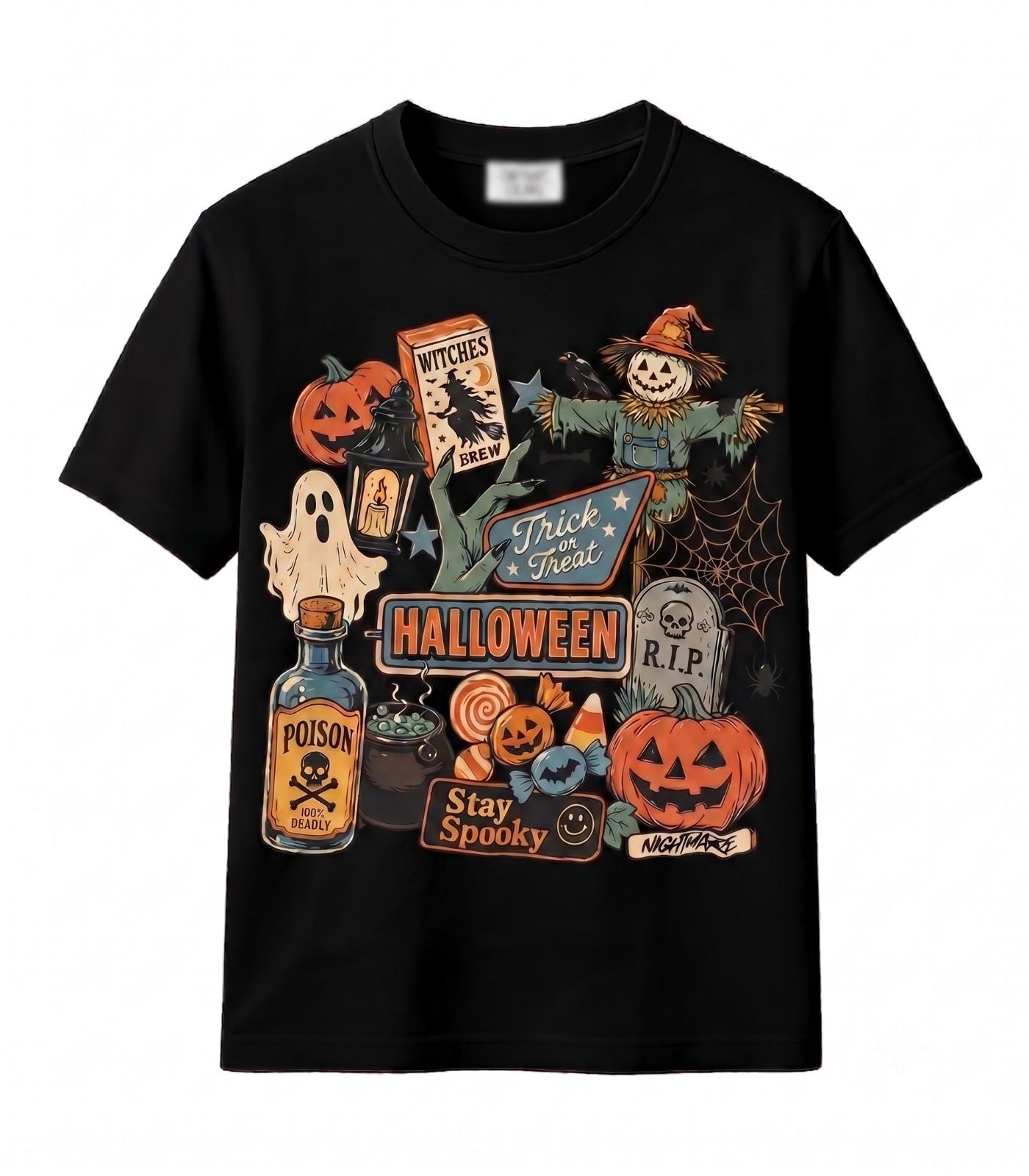 Retro Halloween Graphic T Shirt Vintage Trick or Treat Tee Spooky Collage Fall Unisex T-Shirt L