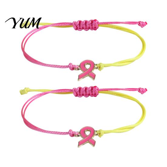 Breast Cancer Awareness Jewelry 2 Pcs Bracelets, Adjustable Braided String Unisex Cord Bracelet Bracelets with Ribbon Charm, Inspirational Gifts