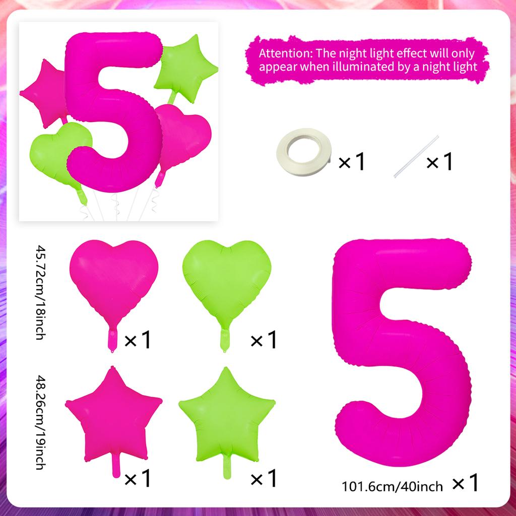 Neon fluorescent digital balloon set 1-9 five pointed star heart-shaped balloons for birthday and graduation season decoration