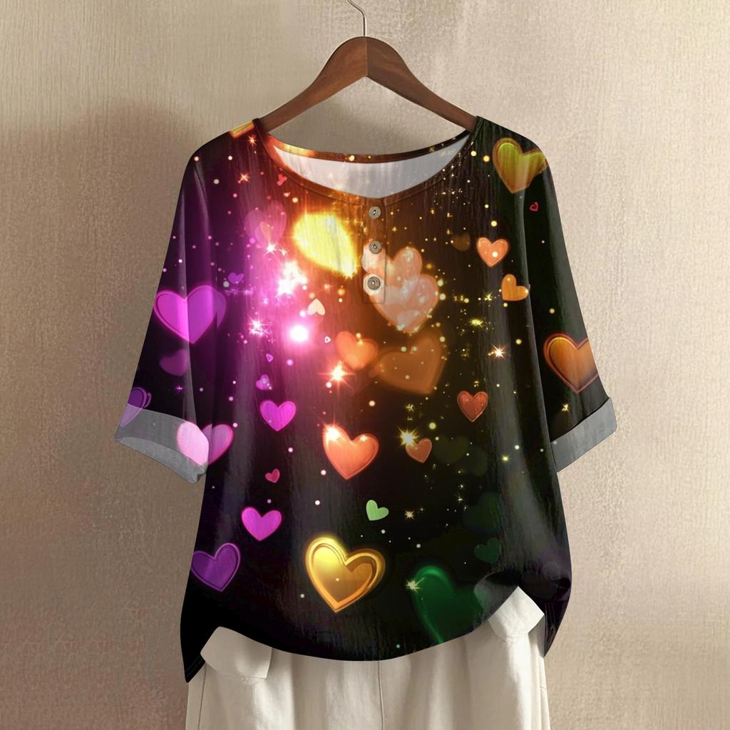 Damska casualowa i wygodna bawełniano-lniana bluzka z okrągłym dekoltem, średniej długości, z modnym nadrukiem