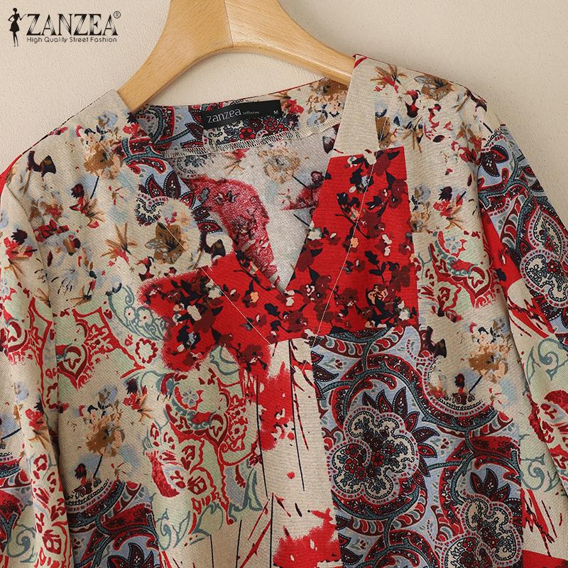 ZANZEA Blusa Casual de Mujer con Cuello en V Suelta Manga 3/4 Estampada