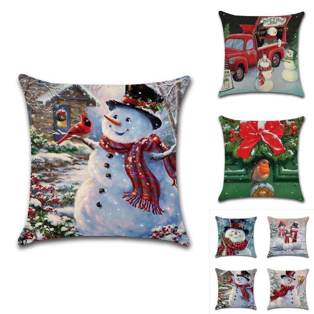 Vibrant 18-inch Christmas Cushion Cover With Adorable Santa Claus And Snowman Perfect For Holiday Decoration