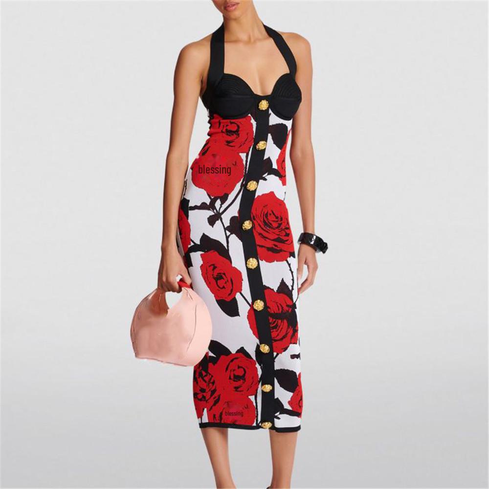 2024 Rose Jacquard Bandage Skirt: Sexy Halter Neck Dress with Gold Buttons