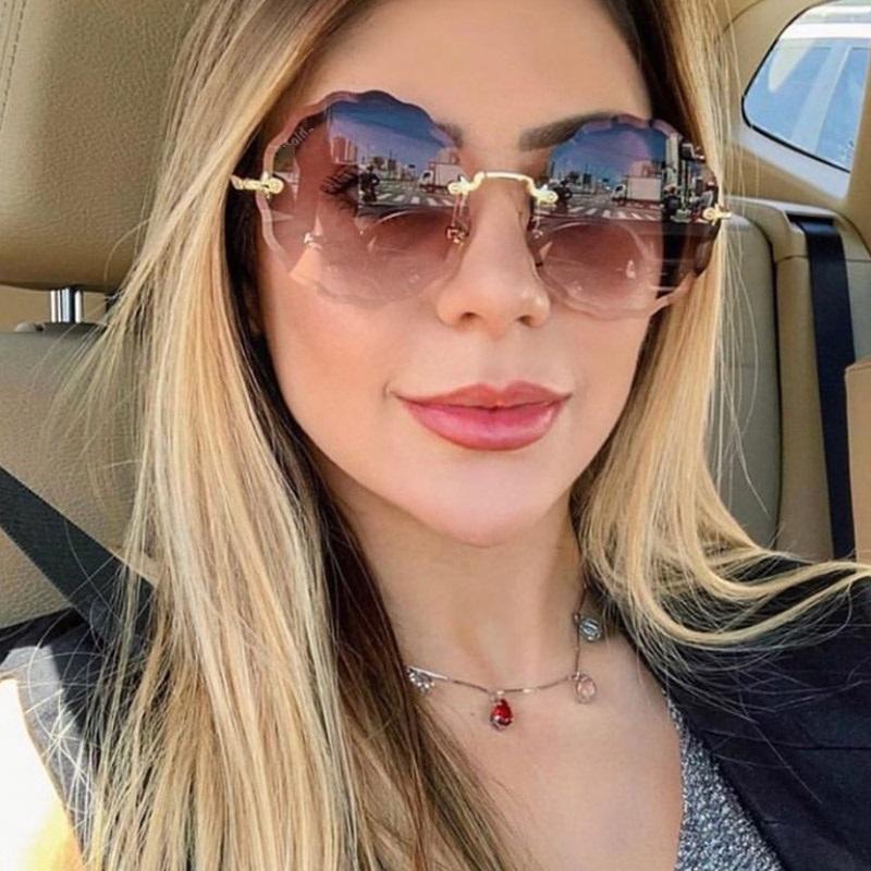 Oversized Round Sunglasses Women Flower Design Trendy Rimless Sun Glasses Shades for Women Driving Eyewear UV400
