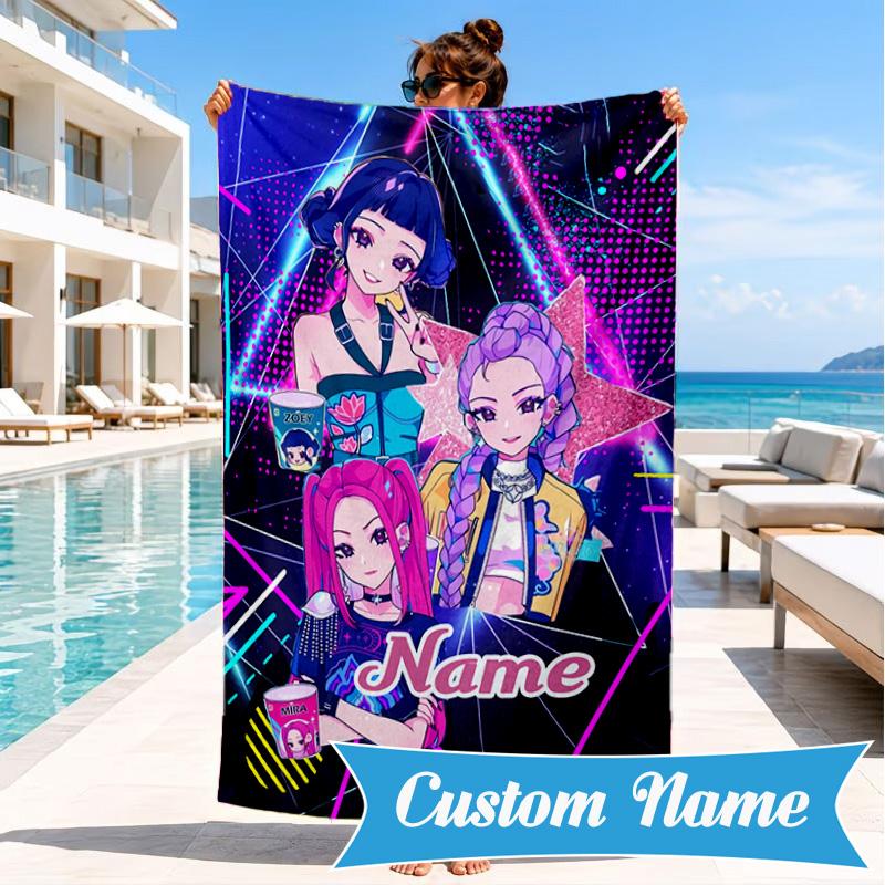 Custom Name KPop Cartoon Beach Towel Microfiber Beach Towel, Lightweight and Quick-Dry, for Summer Travel, Swimming Pool Gift