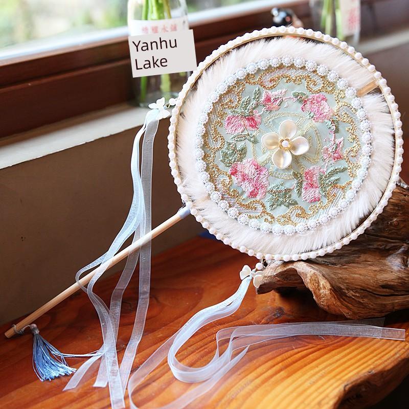 Double Petal Machine Embroidery Circular Fan Handicraft Photography Dance Court Retro Style Long Handle Bamboo Fan