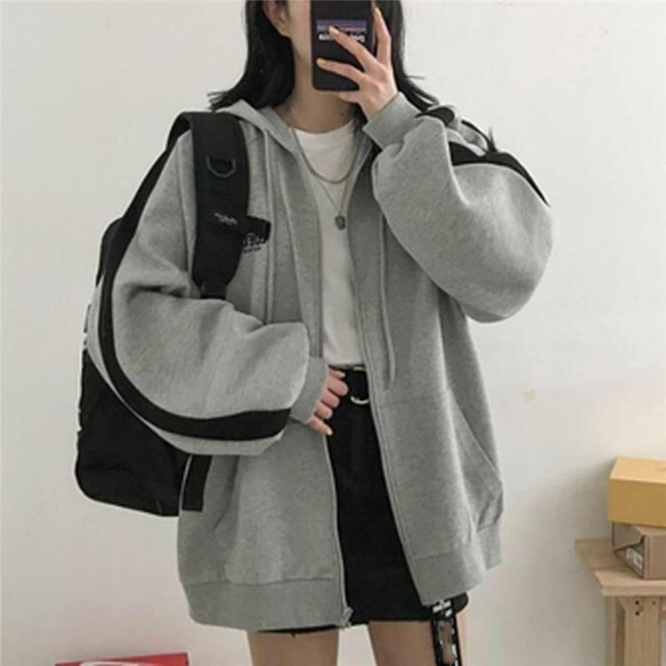 Oversized Women Hoodie Zip Up Hooded Sweatshirt Long Sleeve Pocket Jacket Top Solid Color