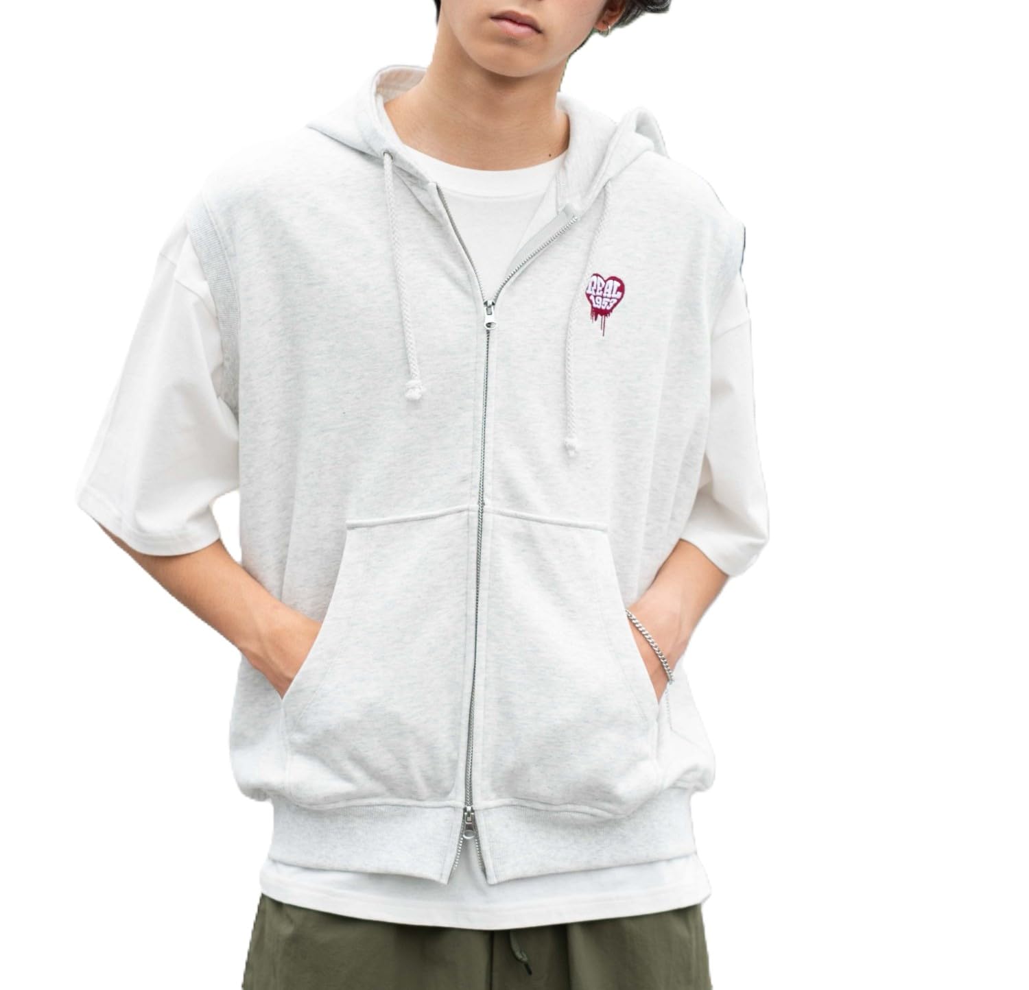 

WEGO Sleeveless Zip Summer Size Ash Gray One-Point Hoodie, Clothing, Gift, Unisex, Men s, M,
