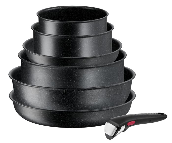 Tefal Ingenio Black Stone Batterie de cuisine 7 pièces, Empilable, Gain de place, Revêtement antiadhésif, Indicateur de température