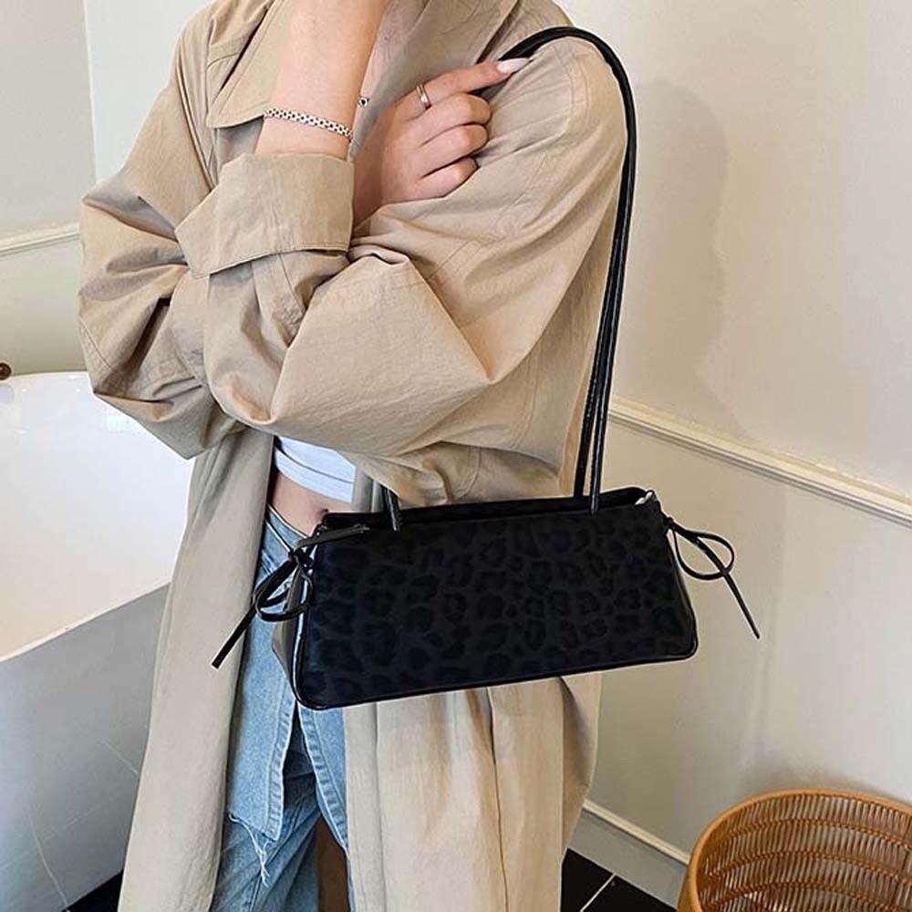 Sweet French Stick Handbag Bow Ribbon PU Shoulder Bag All-match Leopard Print Underarm Bags  Travel