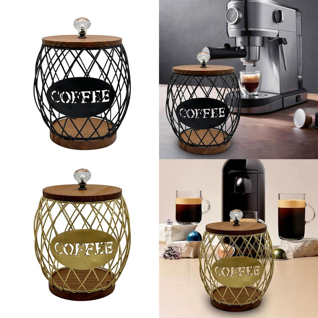 Coffee Pod Holder Large Capacity with Wood Base Storage Cup Coffee Pod Basket Organizer Cup for Hotel Family Kitchen Home Cafe