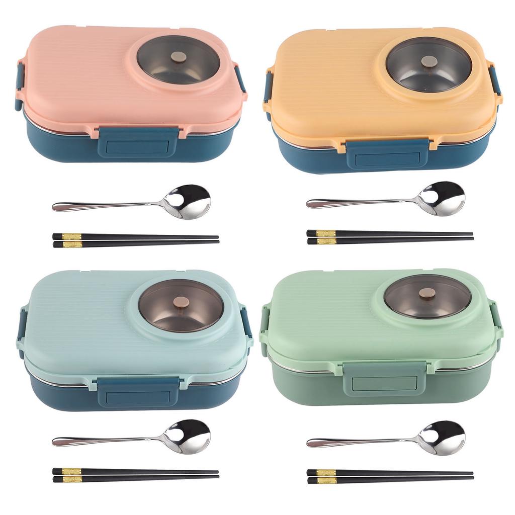 1PC 1100ml Insulated Lunch Box with 3 Grids & Double Layer 304 Stainless Steel Includes Chopsticks Spoon and Soup Bowl Set
