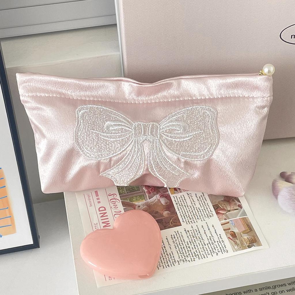 Pink Pearlescent Bow Women's Cosmetic Bags Embroidery Satin Girls Storage Bag Zipper Makeup Bag Toiletry Storage Pouch Handbags