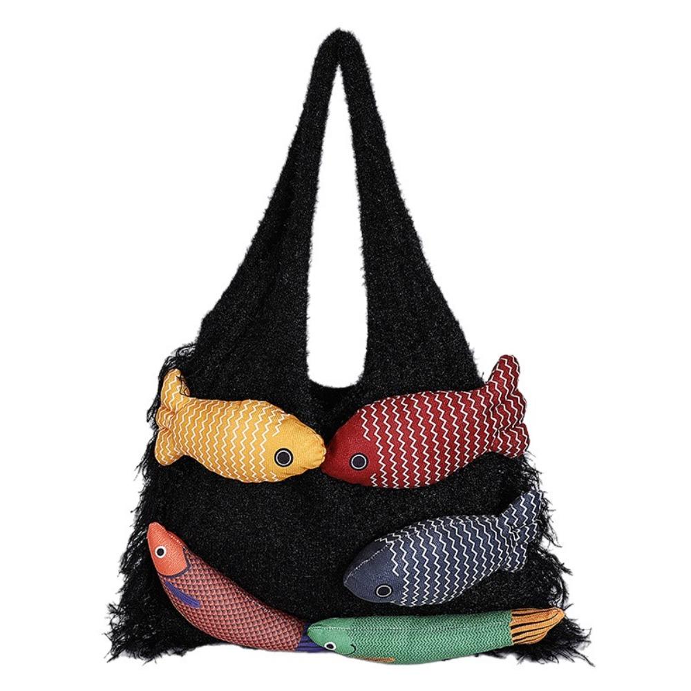 Contrast Color Knitted Tote Bag Large Capacity Boho Shoulder Bags Fish Pattern Woven Bag  Gift Idea чёрный