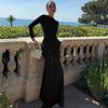 Women's Fashion Round Neck Long Sleeve Slim Dress New European and American Style Maxi Dresses Solid High Waist Party Long Gown