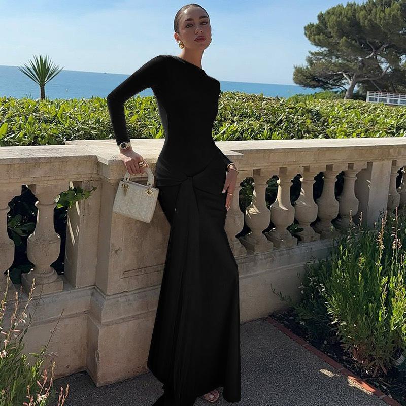 Women's Fashion Round Neck Long Sleeve Slim Dress New European and American Style Maxi Dresses Solid High Waist Party Long Gown