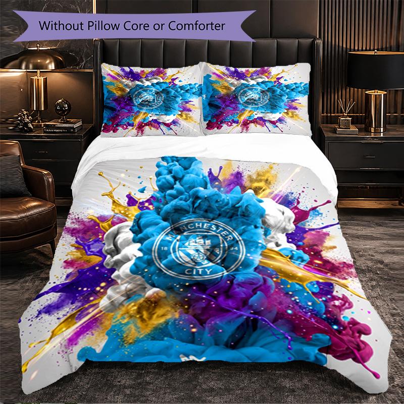 Manchester City Pattern 3 Pieces Bedding Set Soft Microfiber Duvet Cover with Pillow Cases for Bedroom