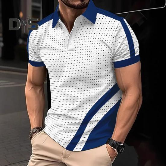 Men's Lapel T-Shirt Slim Fit Polka Dot Polyester Tee Shirt Color Block Summer Casual Short Sleeve Top for Daily Wear Sports Street