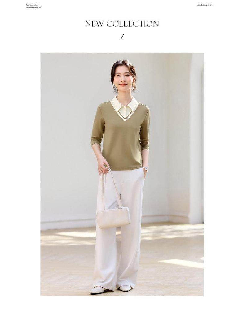 Women's Straight Shoulder Long-Sleeve T-Shirt, New 2026 Stylish Lapel Top for Spring & Autumn. Versatile Base Layer or Outerwear.