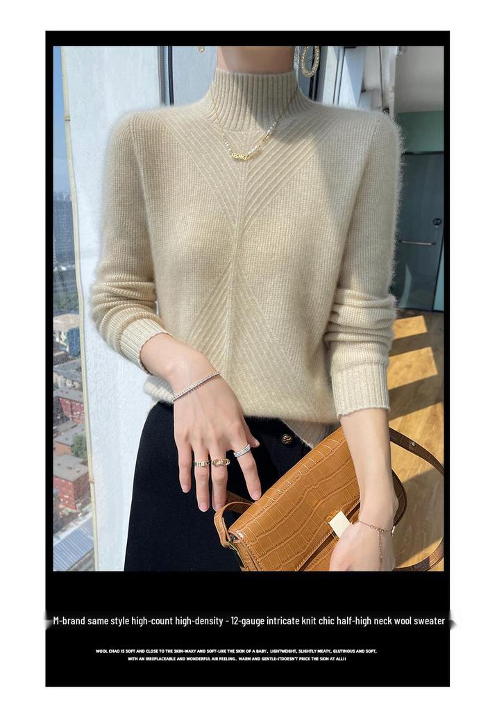 Women's Pure Wool Half-High Neck Sweater - 2023 Autumn/Winter Loose Knitwear Cashmere Base Layer