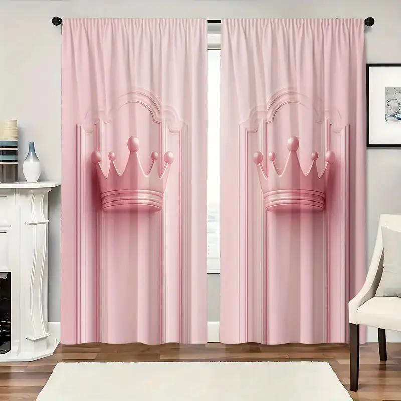 2PCS Pink Crown Curtains   Polyester Material Design with Rod Bags   Bedroom   Home Decoration