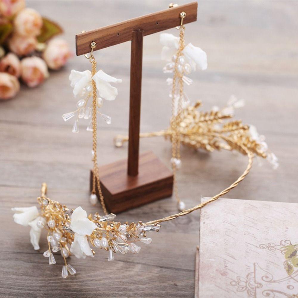 Unique Style Bridal Headwear Earring Pearl Crown Elegant Flower Hairband  Wedding Headdress