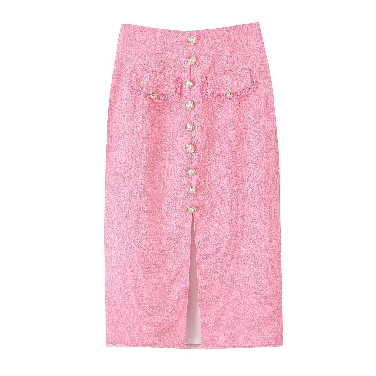 

Весна 2025 Женская Европейская и Американская Мода Простая Универсальная Тканая Юбка с Декором Пуговицами L розовый