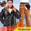 Men's Fleece-Lined Leather Jacket & Pants Set - Waterproof, Thickened, Casual Winter Coat with Stand Collar & Hood.