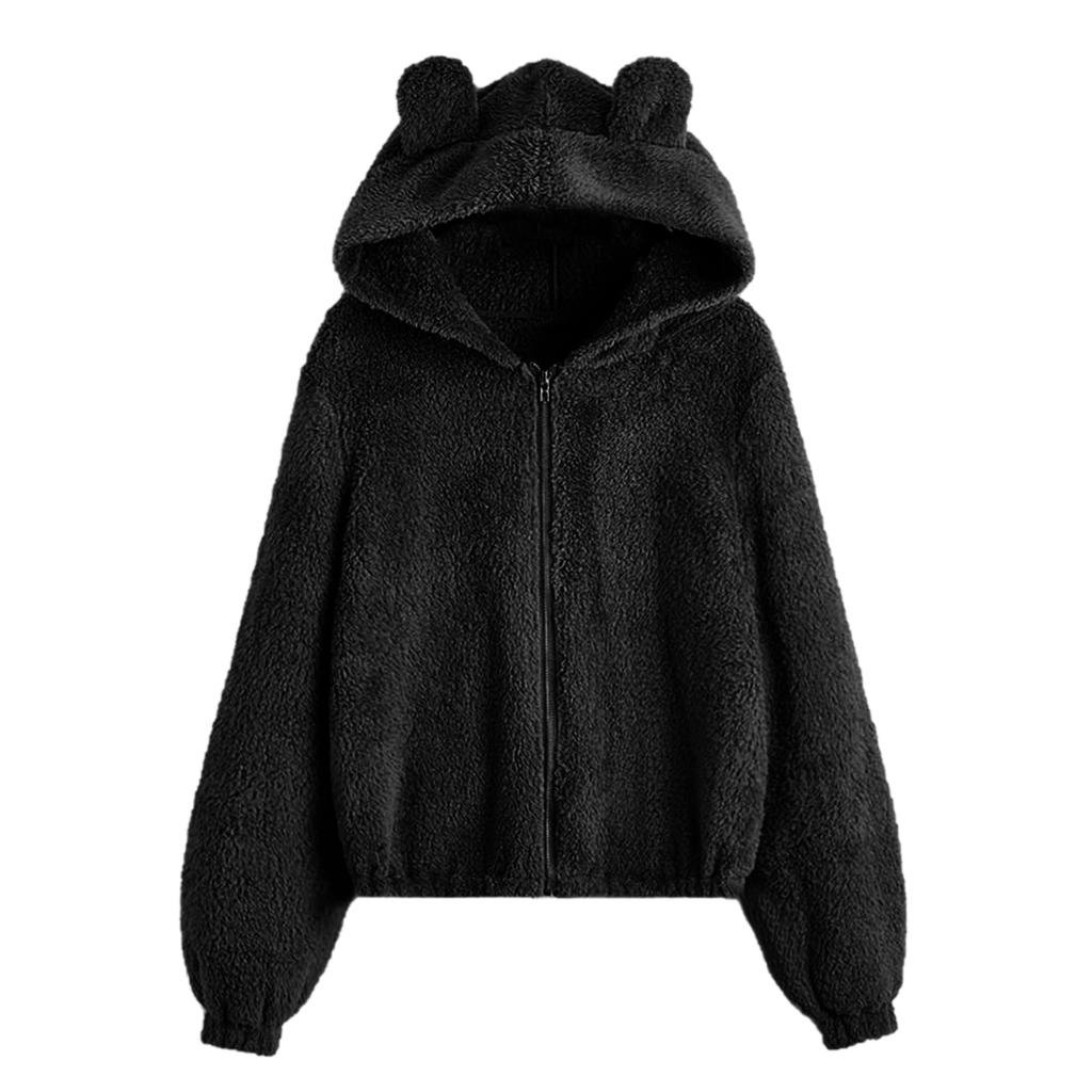 Women's Crew Neck Long Sleeve Hoodie Loose Fit Elegant Style Jacket Color Block Fuzzy Zip Up Casual Top