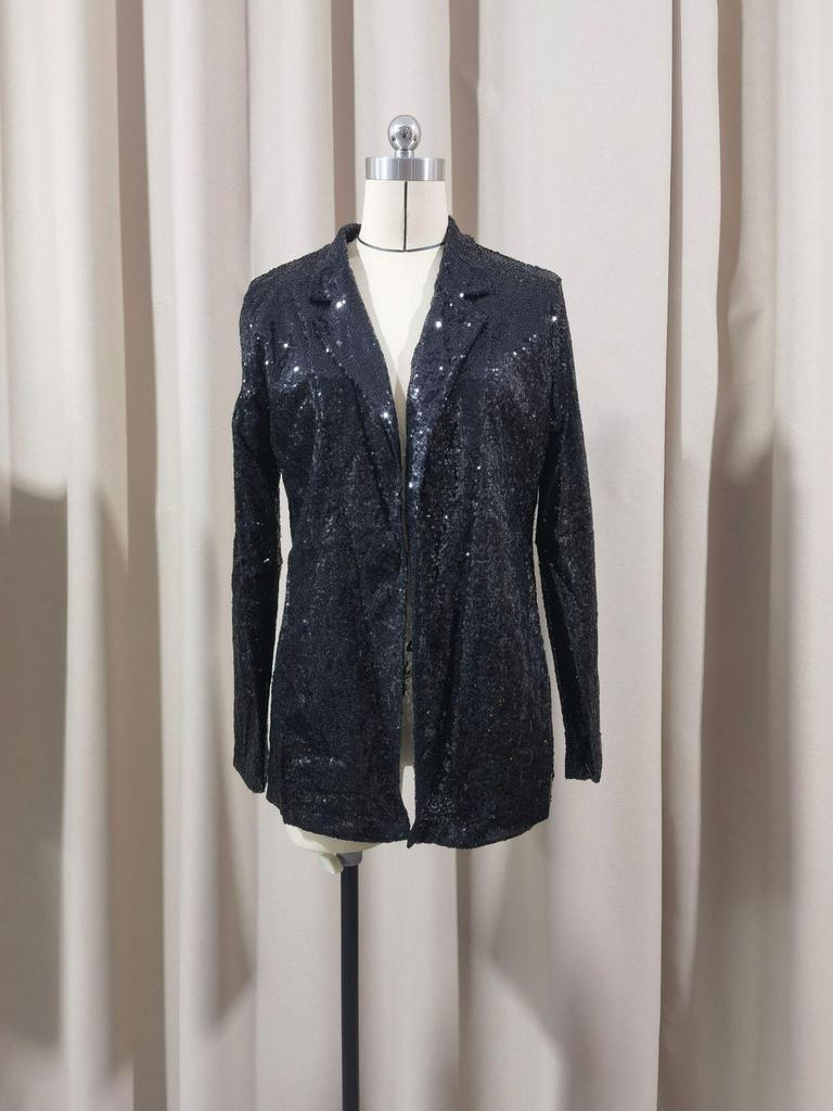 Women's Sequin Lapel Cardigan Blazer - Solid Color, Long Sleeve, Casual